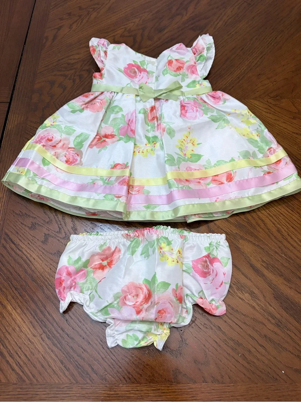 Sweet Heart Rose Floral Dress and Diaper Cover in Pink, Green & Yellow